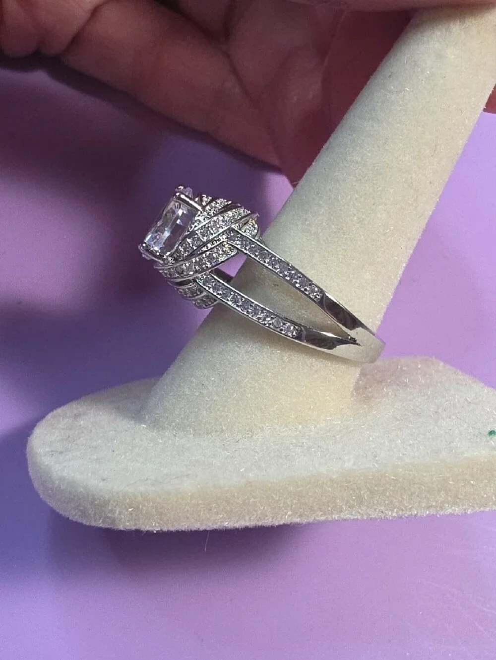 Silver Halo Ring with Large White Cubic Stone